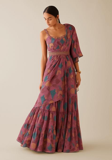 Multicolor Printed Crepe Pre Draped Saree Set