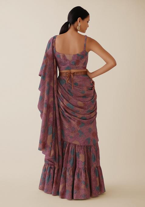 Multicolor Printed Crepe Pre Draped Saree Set