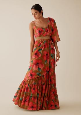 Multicolor Printed Crepe Pre Draped Saree Set