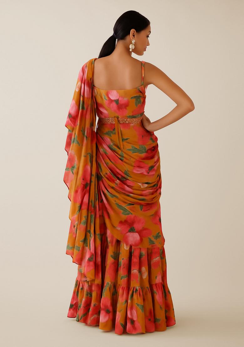 Multicolor Printed Crepe Pre Draped Saree Set