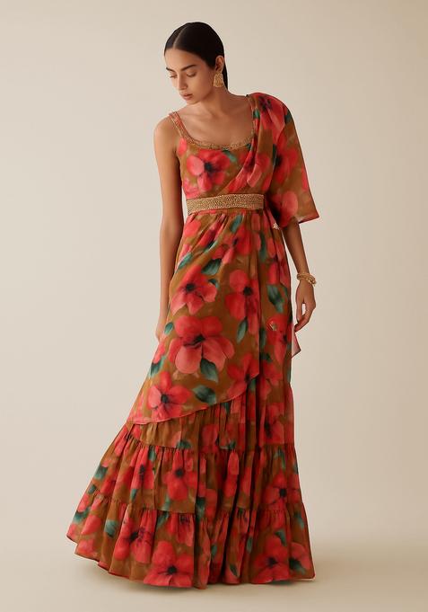 Multicolor Printed Crepe Pre Draped Saree Set