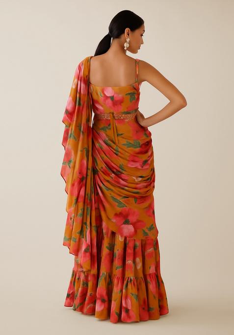 Multicolor Printed Crepe Pre Draped Saree Set
