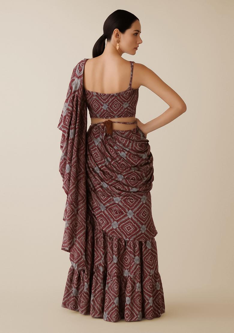 Brown And Olive Printed Crepe Pre Draped Saree Set