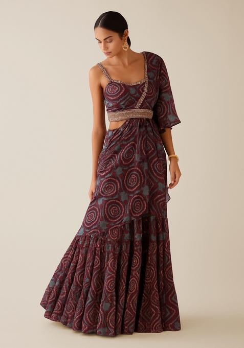 Brown And Olive Printed Crepe Pre Draped Saree Set