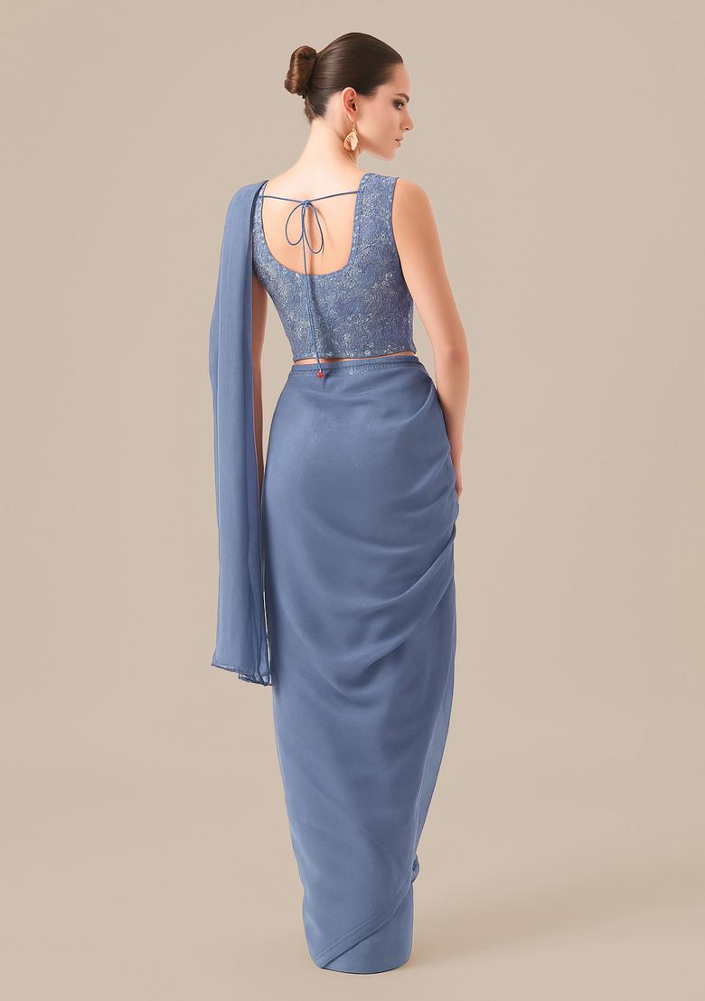 Lilac Sequin Embroidered Tissue Pre Draped Saree Set