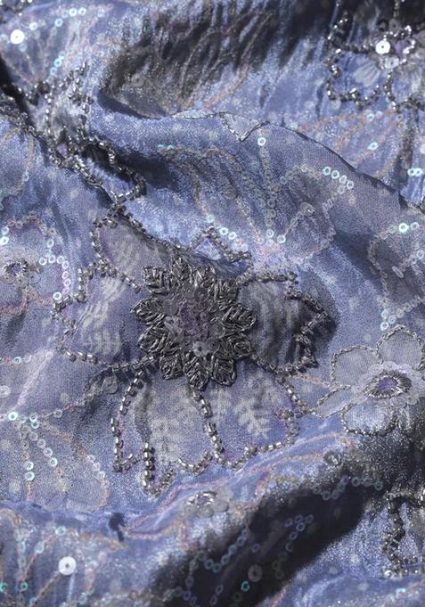 Lilac Sequin Embroidered Tissue Pre Draped Saree Set