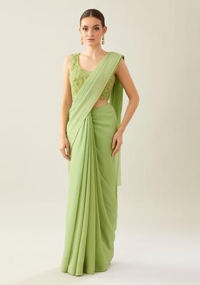 Parrot Green Sequin Embroidered Tissue Pre Draped Saree Set