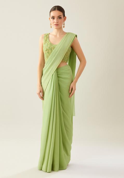 Parrot Green Sequin Embroidered Tissue Pre Draped Saree Set