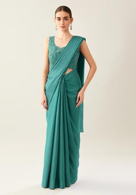 Teal Sequin Embroidered Georgette Pre Draped Saree Set