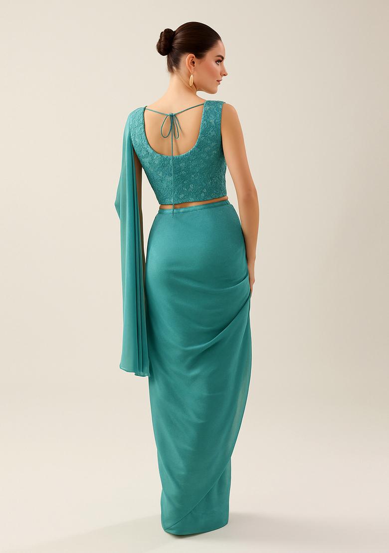 Teal Sequin Embroidered Georgette Pre Draped Saree Set