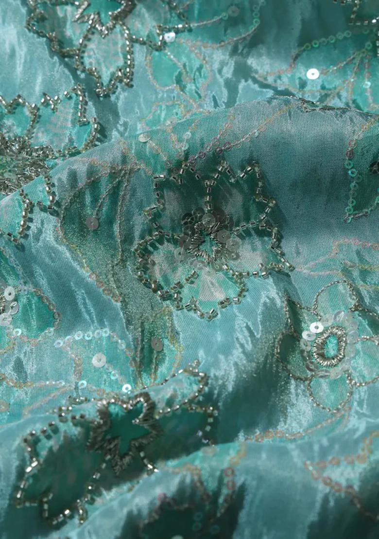 Teal Sequin Embroidered Georgette Pre Draped Saree Set