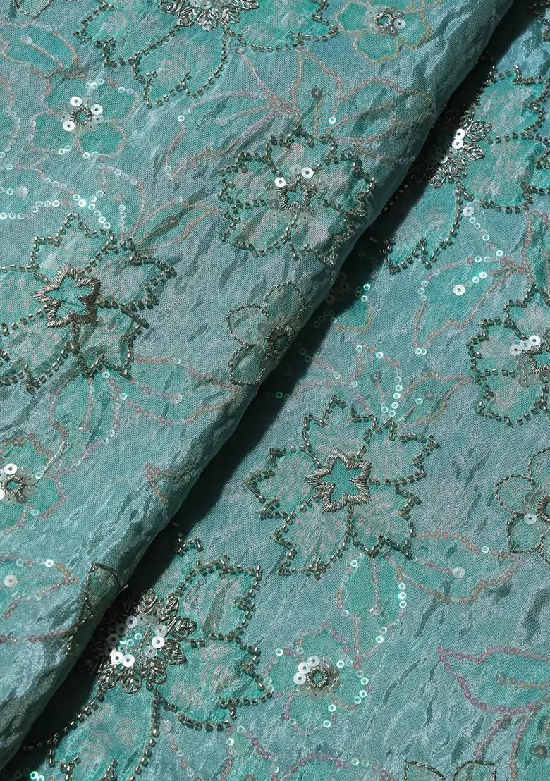 Teal Sequin Embroidered Georgette Pre Draped Saree Set