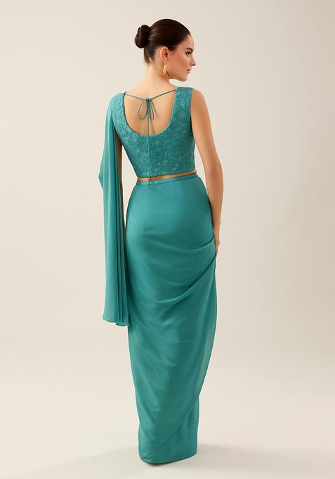 Teal Sequin Embroidered Georgette Pre Draped Saree Set