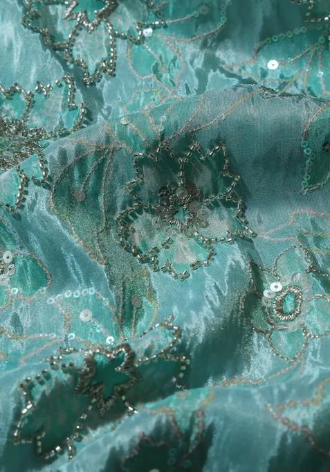 Teal Sequin Embroidered Georgette Pre Draped Saree Set