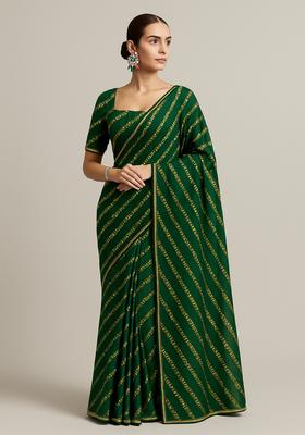 Green Sequin Embroidered Raw Silk Pre Draped Saree Set