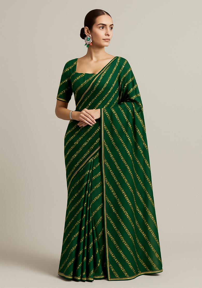 Green Sequin Embroidered Raw Silk Pre Draped Saree Set