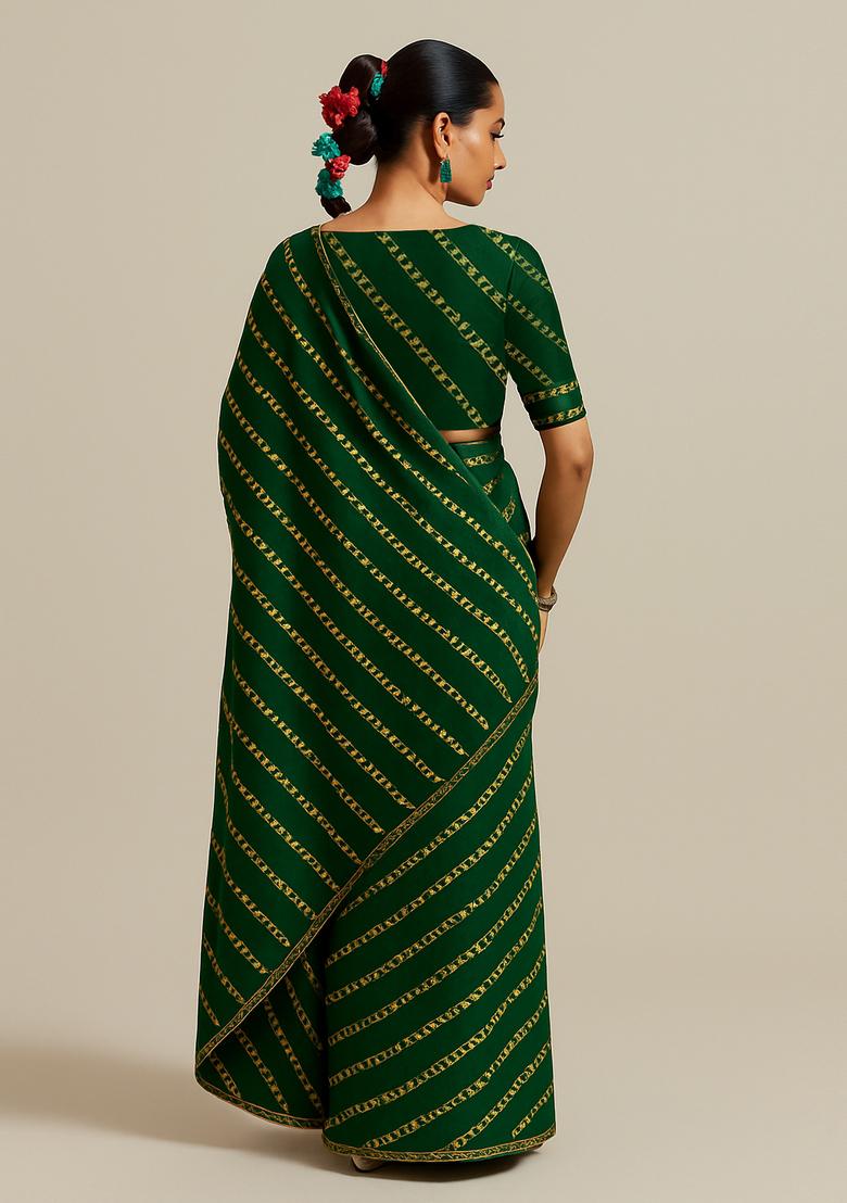 Green Sequin Embroidered Raw Silk Pre Draped Saree Set