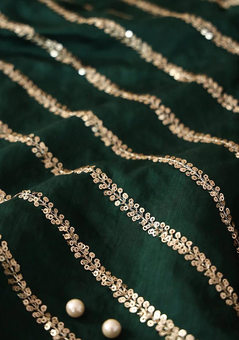 Green Sequin Embroidered Raw Silk Pre Draped Saree Set