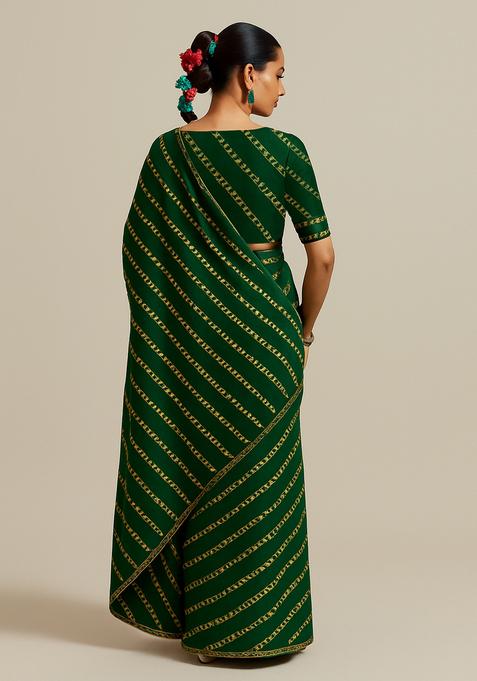 Green Sequin Embroidered Raw Silk Pre Draped Saree Set