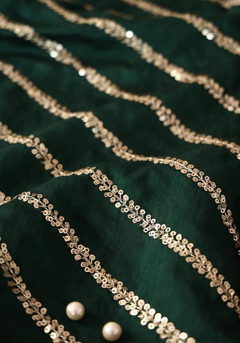 Green Sequin Embroidered Raw Silk Pre Draped Saree Set