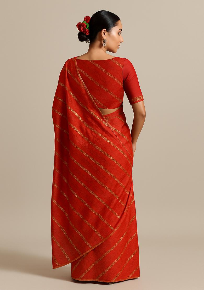 Red Sequin Embroidered Raw Silk Pre Draped Saree Set