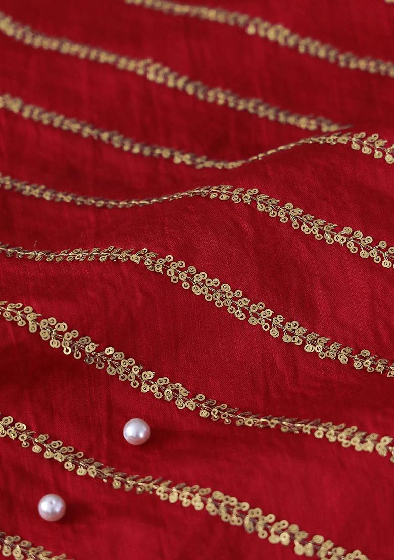 Red Sequin Embroidered Raw Silk Pre Draped Saree Set