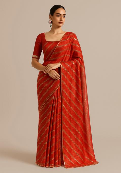 Red Sequin Embroidered Raw Silk Pre Draped Saree Set