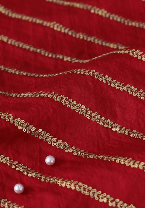 Red Sequin Embroidered Raw Silk Pre Draped Saree Set