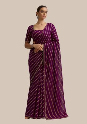 Purple Sequin Embroidered Raw Silk Pre Draped Saree Set