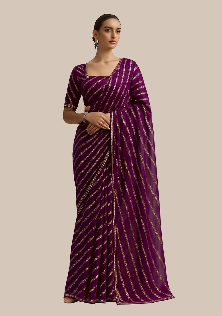 Purple Sequin Embroidered Raw Silk Pre Draped Saree Set