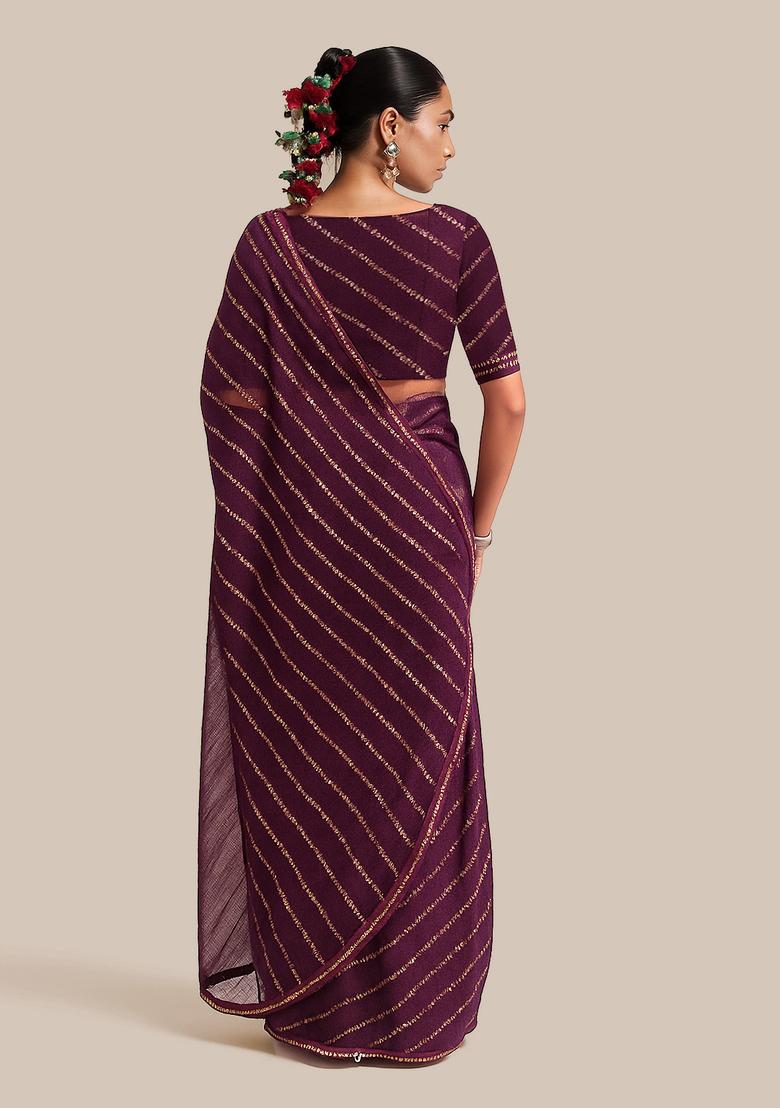 Purple Sequin Embroidered Raw Silk Pre Draped Saree Set