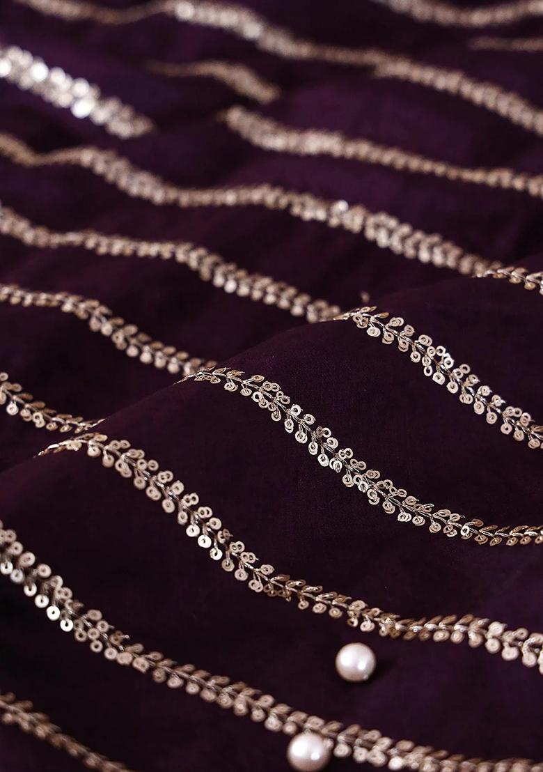 Purple Sequin Embroidered Raw Silk Pre Draped Saree Set