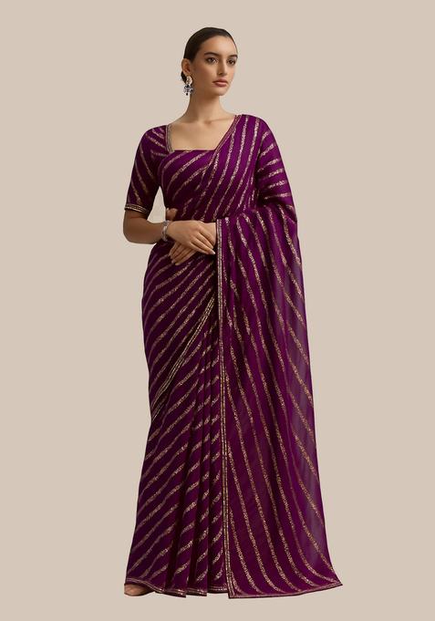 Purple Sequin Embroidered Raw Silk Pre Draped Saree Set