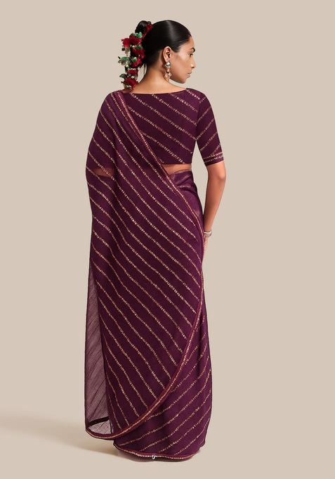 Purple Sequin Embroidered Raw Silk Pre Draped Saree Set