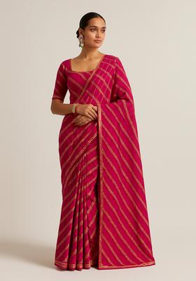 Rani Pink Sequin Embroidered Raw Silk Pre Draped Saree Set