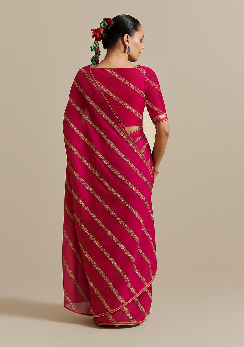 Rani Pink Sequin Embroidered Raw Silk Pre Draped Saree Set