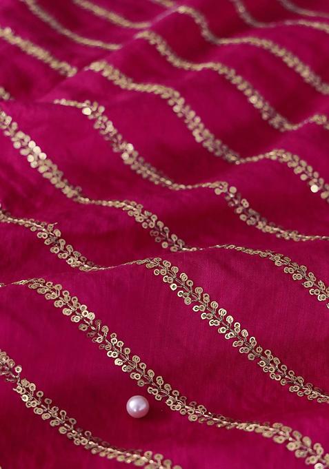 Rani Pink Sequin Embroidered Raw Silk Pre Draped Saree Set