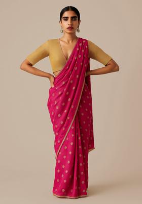 Fuchsia Pink Sequin Embroidered Raw Silk Pre Draped Saree Set