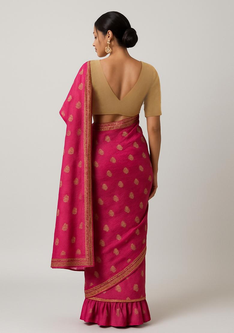 Fuchsia Pink Sequin Embroidered Raw Silk Pre Draped Saree Set