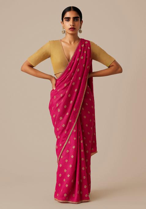 Fuchsia Pink Sequin Embroidered Raw Silk Pre Draped Saree Set