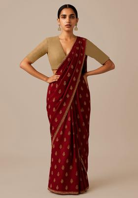 Maroon Sequin Embroidered Raw Silk Pre Draped Saree Set