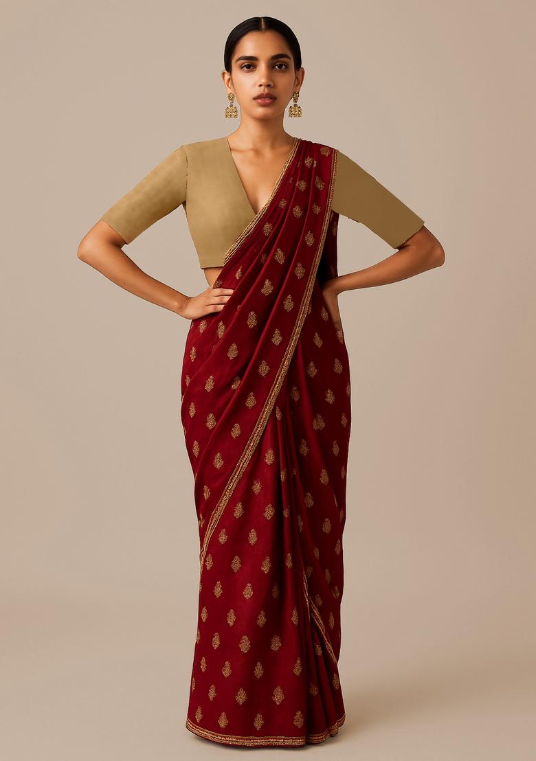 Maroon Sequin Embroidered Raw Silk Pre Draped Saree Set