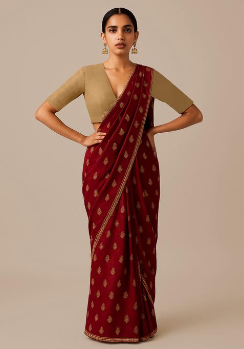 Maroon Sequin Embroidered Raw Silk Pre Draped Saree Set