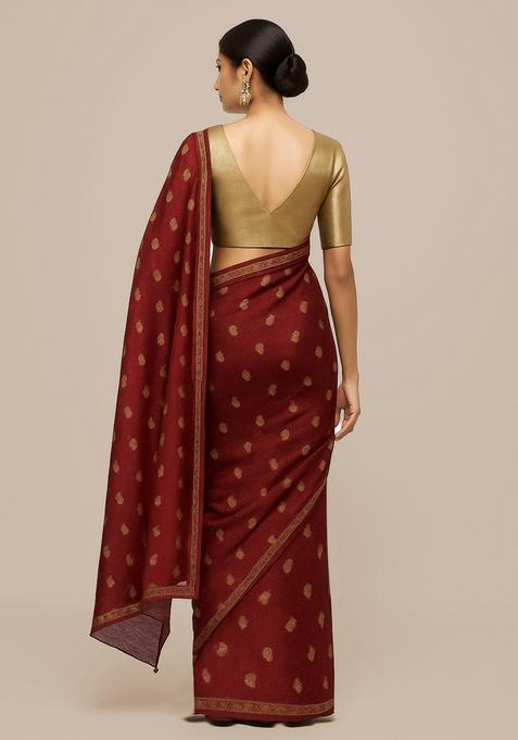 Maroon Sequin Embroidered Raw Silk Pre Draped Saree Set