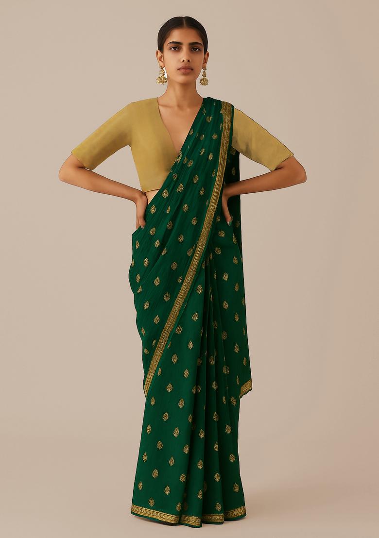 Bottle Green Sequin Embroidered Raw Silk Pre Draped Saree Set