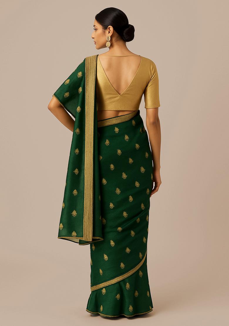 Bottle Green Sequin Embroidered Raw Silk Pre Draped Saree Set