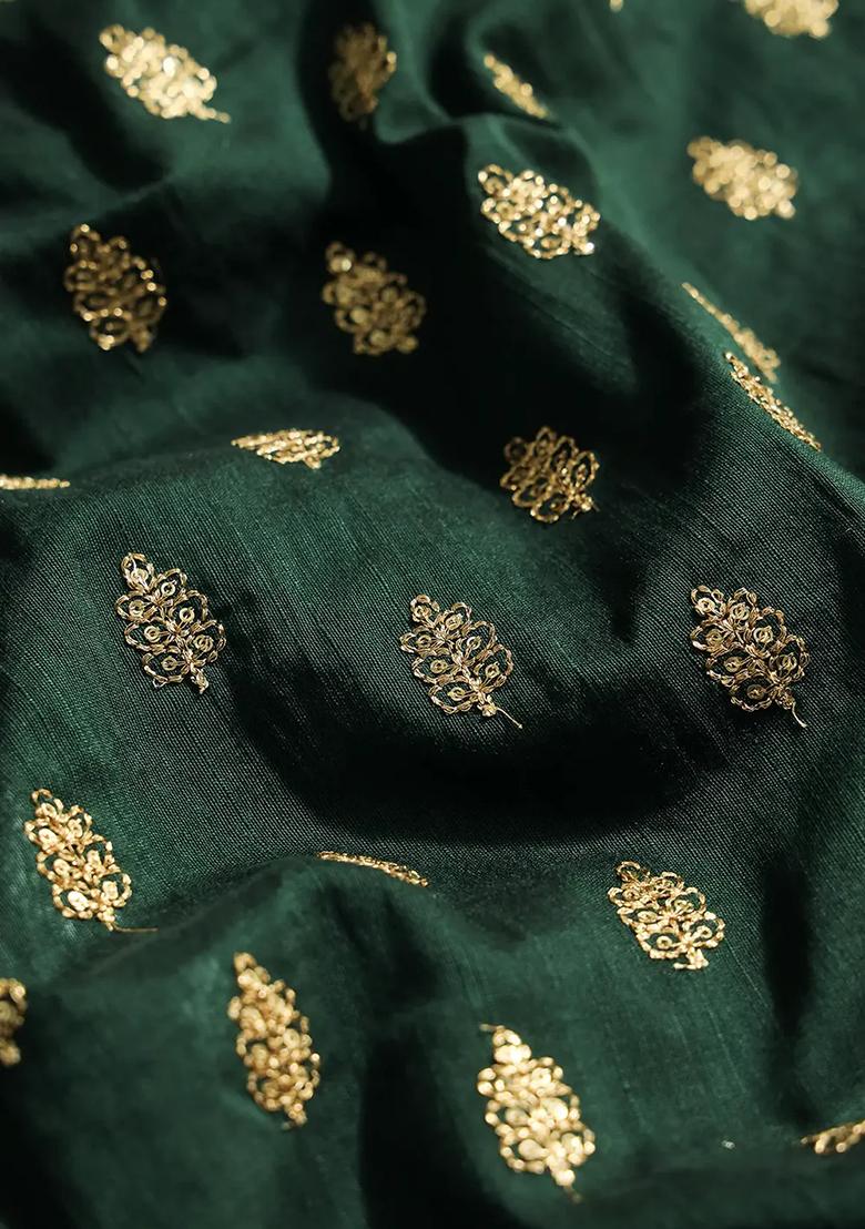 Bottle Green Sequin Embroidered Raw Silk Pre Draped Saree Set