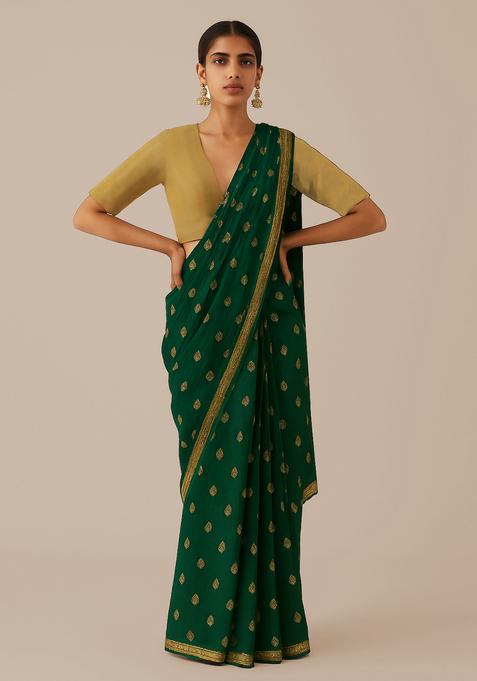 Bottle Green Sequin Embroidered Raw Silk Pre Draped Saree Set