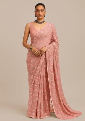 Mauve Sequin Embroidered Soft Net Pre Draped Saree Set