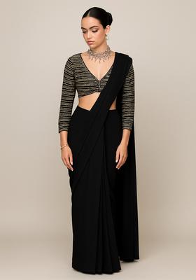 Black Embroidered Polyester Pre Draped Saree Set